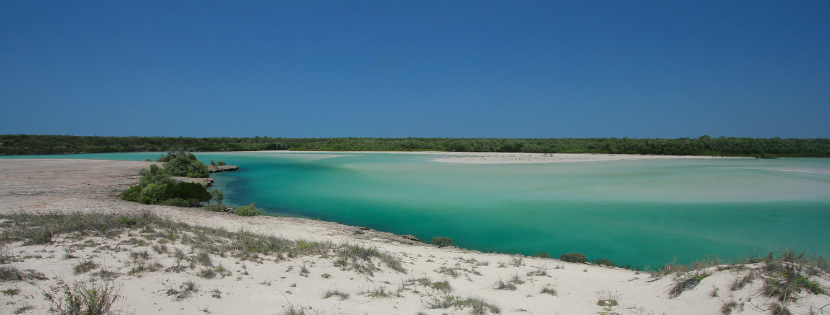 Turquoise coastal inlet with white sand dunes and distant green vegetation under a clear blue sky.